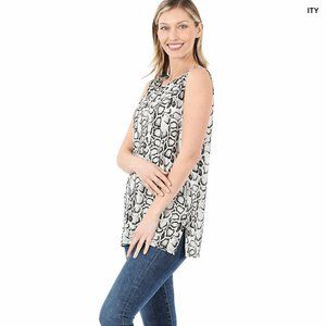 Zenana Snakeskin Black Print Sleeveless Side Slit Top